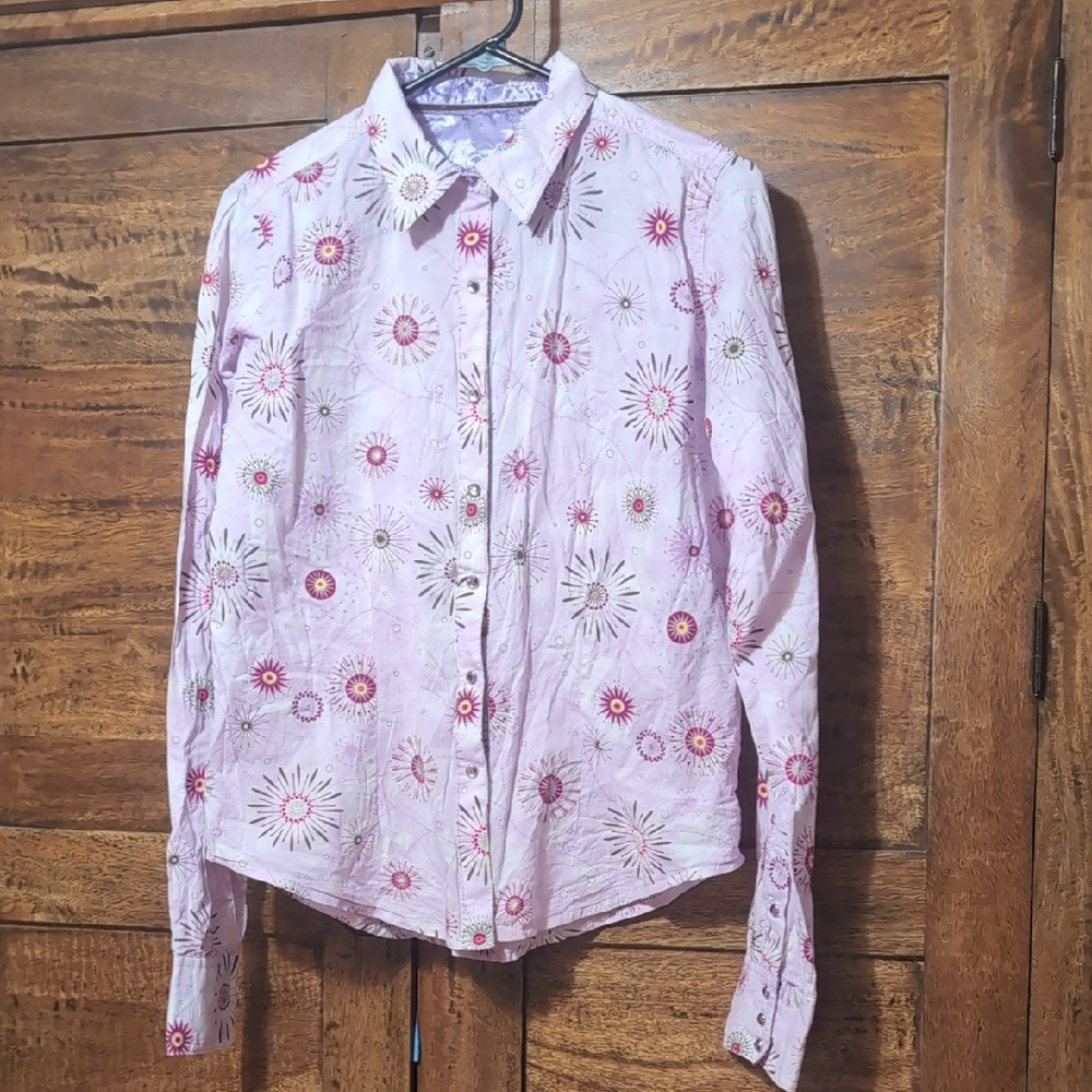 Funky Floral Pink Button Down Shirt With Snap Closure Silver Accents M